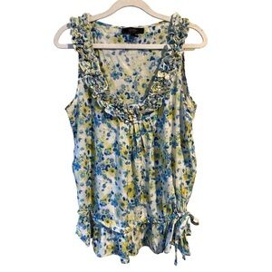 Jessica Simpson Blue and Yellow Floral Ruffle Sleeveless Blouse Size M Romantic